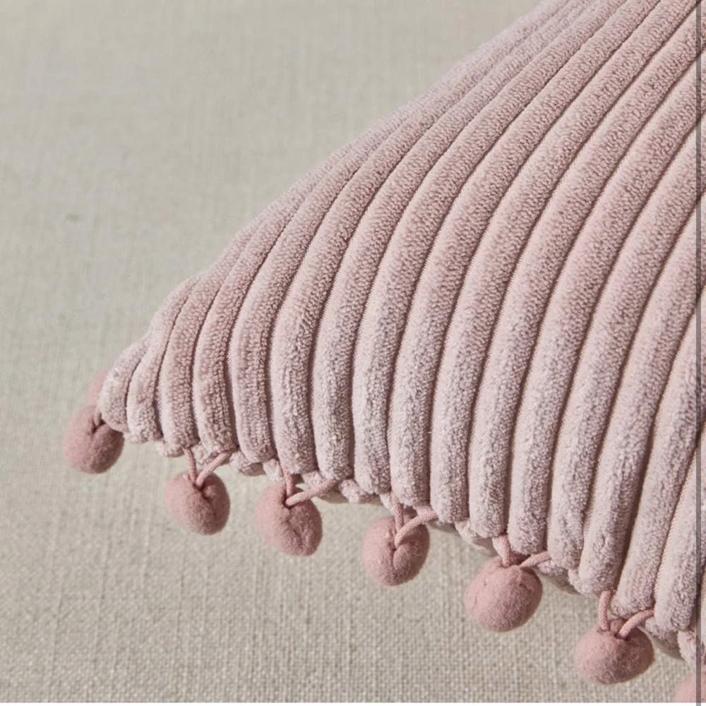 Pack of 2 Decorative Throw Pillow Covers with Pom-poms, Soft Corduroy 18x18 - Picture 4 of 5